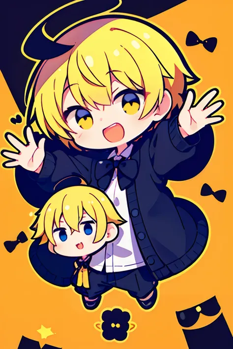 with a simple background，adolable，ssmile，Q version boys，The yellow hair with a black gradient is young and cute，ultra cute，Medium-sized division of short-haired boys，hands out，facing the front there，greet，Two gestures ratio "Yay"，Black cardigan sweatshirt，...