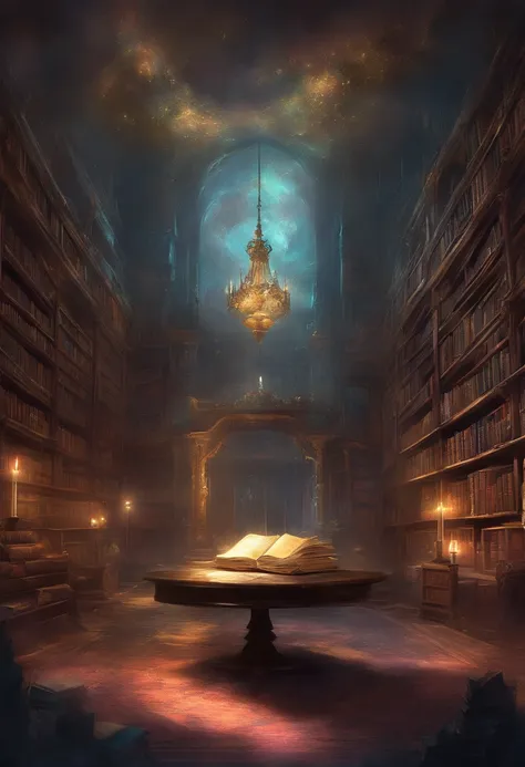 （Inside Enchanted Magical Library,  Its shelves are adorned with books shimmering with untold secrets and the silent murmurs of hidden yearnings, Large beautiful Librarywith shimmering, glowing books, Magical, sparkling walls，fantasy，Leonora Carrington，a f...