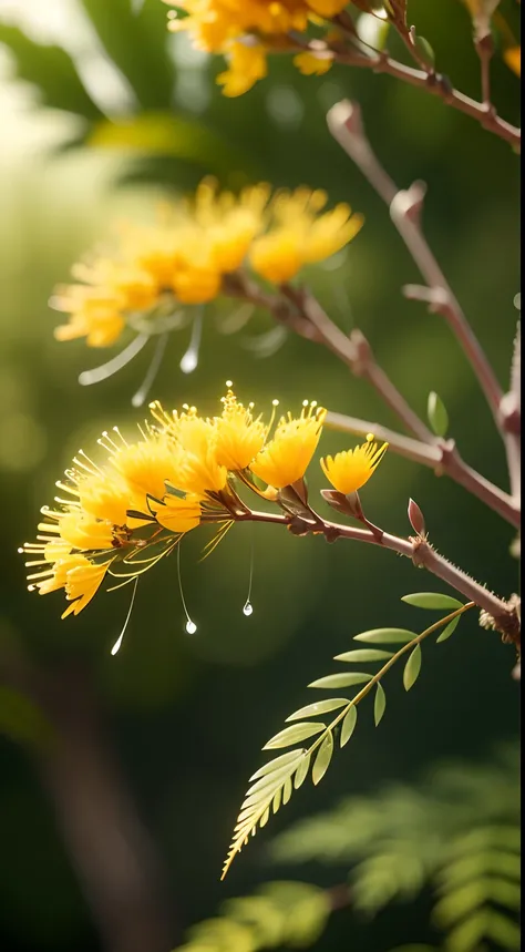 Acacia foliage, Fluffy mimosa , water drops, bokeh, Mossy background, Warm, muted, tonesSplendor, Colorful, Amazing photography, photo-realism, ultra - detailed, 4K, depth of fields, A high resolution, film grain, macro