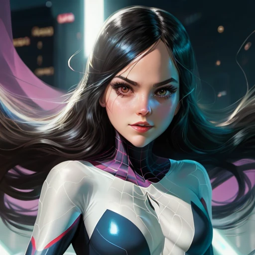 Beautiful Spider Gwen, Spider Woman. Marvel comics. cabello largo y rubio, ojos verdes. 40 years old. caderas anchas