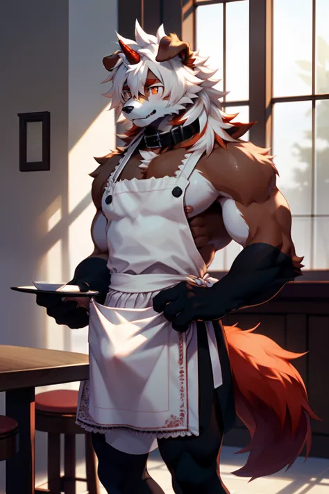 (by Hioshiru, by null-ghost, By personalami, by Honovy, by thebigslick, author：Feinhertz), Male, Solo, domestic dog，Doggy, Red horns, floppy ears, clawed paws, view the viewer，In the café，waitor，Sexy，The upper part of the body，lowerbody，（Sweat：1.9），gasps，u...