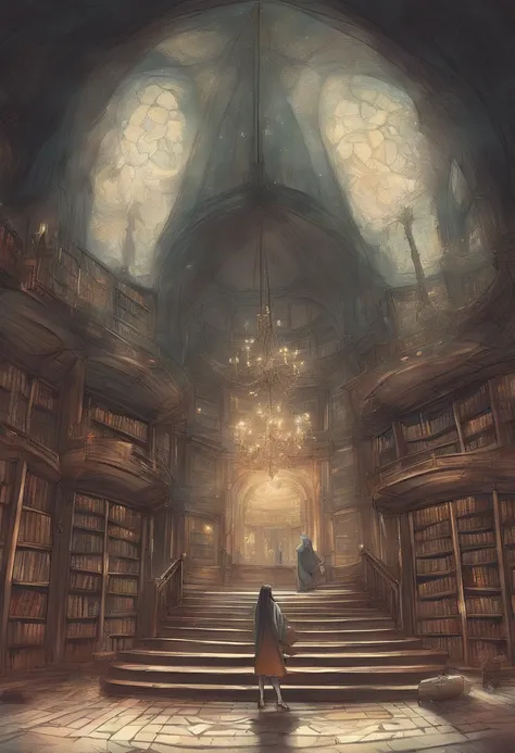 （Inside Enchanted Magical Library, A beautiful librarian, sexy, quiet—a figure draped in an enigmatic cloak,Large beautiful Library with shimmering, glowing books, Magical, sparkling walls，fantasy，Leonora Carrington，a fantasy moonlight filtering through，Ri...