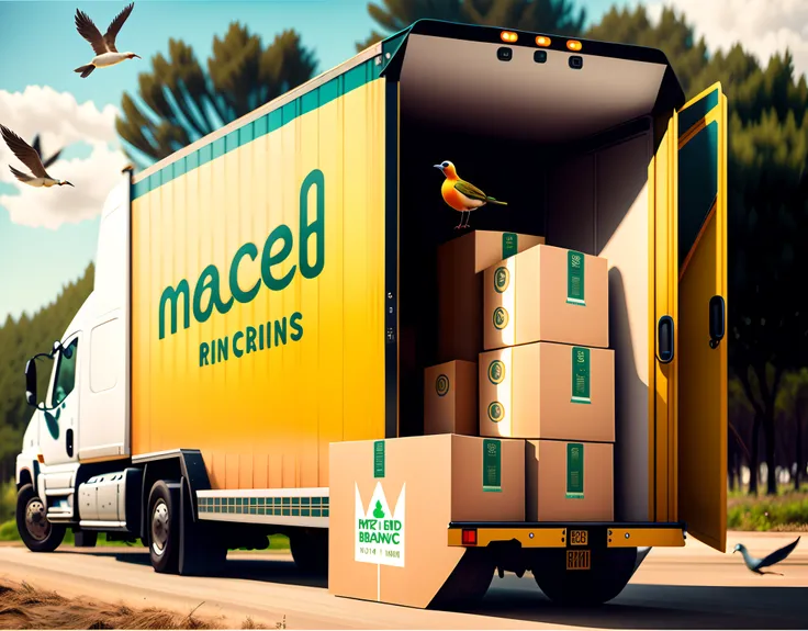 Create an image of an eco-conscious moving company, with the word ‘Harcsh’ prominently displayed on an environmentally friendly electric truck, surrounded by birds and eco-friendly packages.