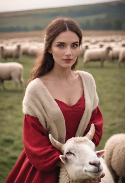 beautiful woman in red dress walking in a vast pasture of sheep and rams