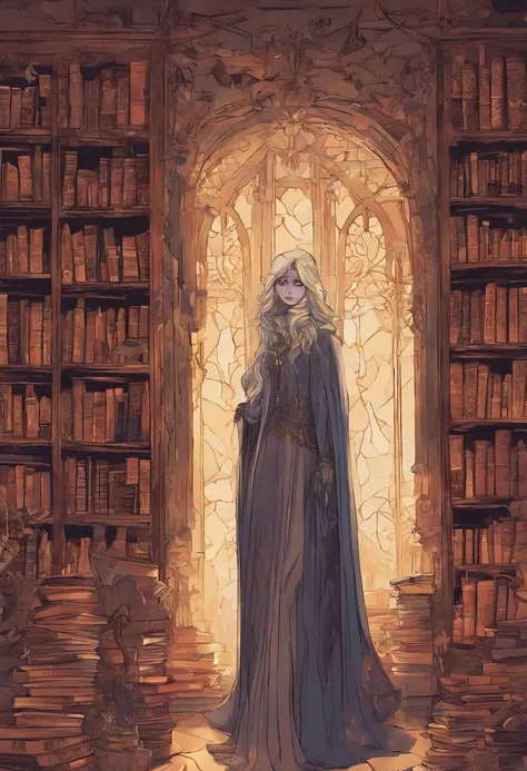 （Inside Enchanted Magical Library, A beautiful librarian, sexy, mysterious, woman, Very beautiful, perfect face, perfect eyes, looking at the camera—a figure draped in an enigmatic cloak,Large beautiful Librarian,  with shimmering, glowing books, Magical, ...