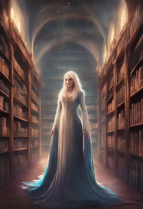 （Inside Enchanted Magical Library, A beautiful librarian, sexy, mysterious, woman, Very beautiful, perfect face, perfect eyes, looking at the camera—a figure draped in an enigmatic cloak,Large beautiful Librarian,  with shimmering, glowing books, Magical, ...