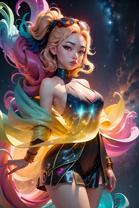 Girl standing in the clouds staring up as the stars, stars floating around her, brilliant colors, amazing swirls of cosmic dust, colorful vibrant, light particles, Create digital artwork in the Pop Art style, Featuring a vibrant and confident young Asian g...