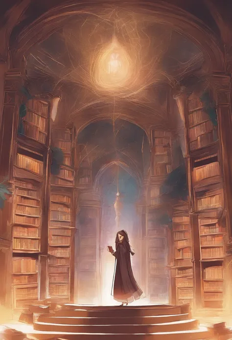 （Inside Enchanted Magical Library, A beautiful librarian, sexy, mysterious, woman, Very beautiful, perfect face, perfect eyes, looking at the camera—a figure draped in an enigmatic cloak,Large beautiful Librarian,  with shimmering, glowing books, Magical, ...