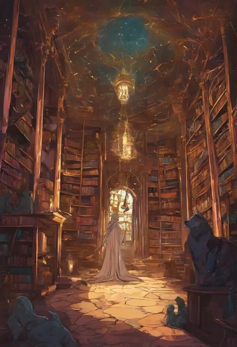 （Inside Enchanted Magical Library, A beautiful librarian, sexy, mysterious, woman, Very beautiful, perfect face, perfect eyes, looking at the camera—a figure draped in an enigmatic cloak,Large beautiful Librarian,  with shimmering, glowing books, Magical, ...