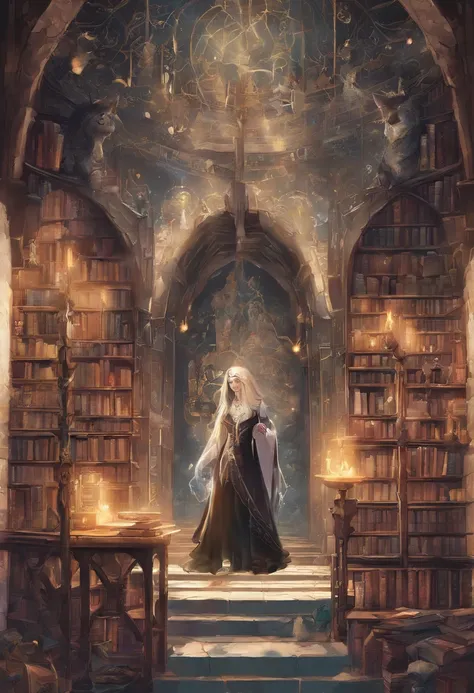 （Inside Enchanted Magical Library, A beautiful librarian, sexy, mysterious, woman, Very beautiful, perfect face, perfect eyes, looking at the camera—a figure draped in an enigmatic cloak,Large beautiful Librarian,  with shimmering, glowing books, Magical, ...