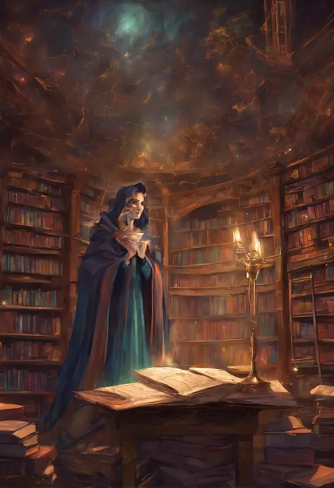 （Inside Enchanted Magical Library, A beautiful librarian, sexy, mysterious, woman, Very beautiful, perfect face, perfect eyes, looking at the camera—a figure draped in an enigmatic cloak,Large beautiful Librarian,  with shimmering, glowing books, Magical, ...