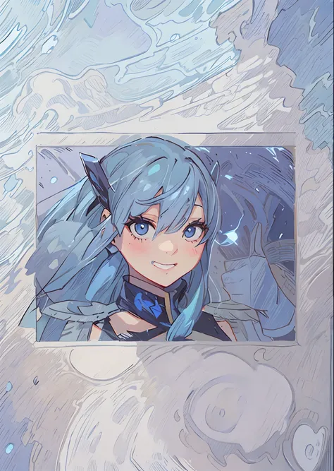 A blue haired girl with gray eyes