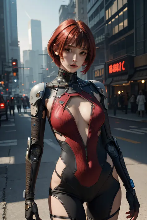 Realistic quality art, Beautiful woman, Half human, half robot, landscape, Cyberpunk, Short red hair, Bangs, So gorgeous, Bodysuit with lace,