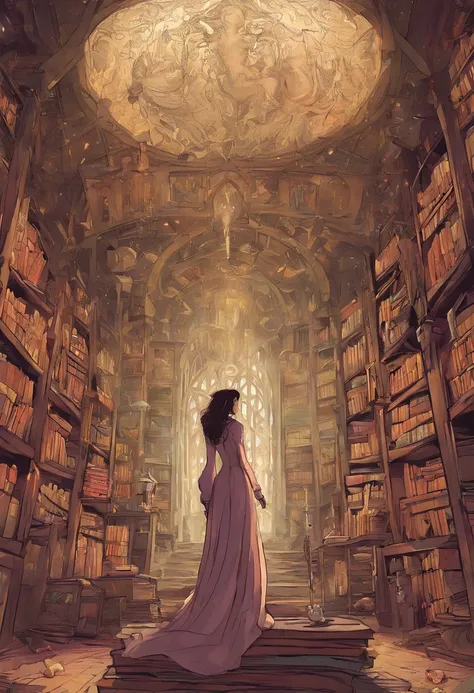 （Inside Enchanted Magical Library, A beautiful librarian, sexy, mysterious, woman, Very beautiful, perfect face, perfect eyes, looking at the camera—a figure draped in an enigmatic cloak,Large beautiful Librarian,  with shimmering, glowing books, Magical, ...