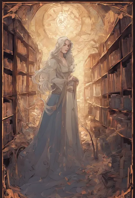 （Inside Enchanted Magical Library, A beautiful librarian, sexy, mysterious, woman, Very beautiful, perfect face, perfect eyes, looking at the camera—a figure draped in an enigmatic cloak,Large beautiful Librarian,  with shimmering, glowing books, Magical, ...