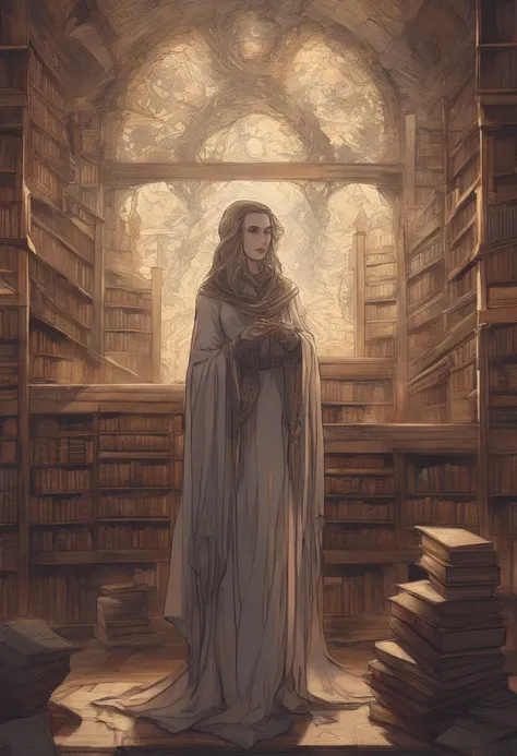 （Inside Enchanted Magical Library, A beautiful librarian, sexy, mysterious, woman, Very beautiful, perfect face, perfect eyes, looking at the camera—a figure draped in an enigmatic cloak,Large beautiful Librarian,  with shimmering, glowing books, Magical, ...