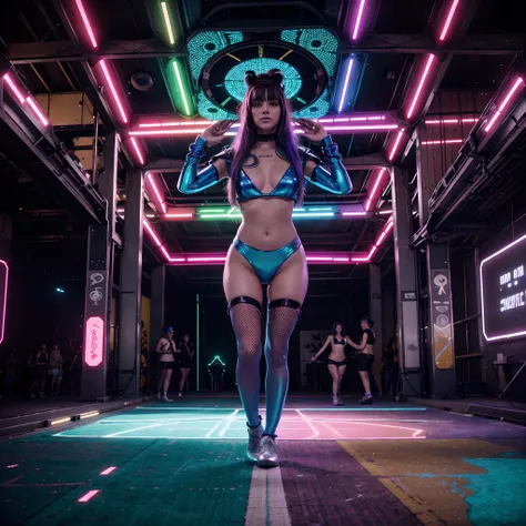 Certainly! Heres a prompt to describe the scene of a rave in the hangar bay with attendees in rave attire, holding alcoholic beverages, and dancing on small space craft drones:

---

**Scene Description Prompt:**

Title: "Rave in the Hangar Bay"

Descripti...