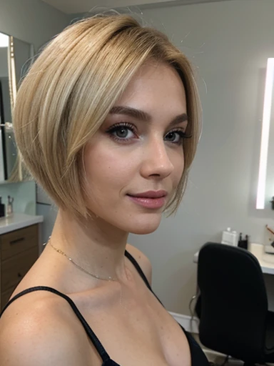 photo of a blonde lady, beauty salon, short bob hair, makeup,