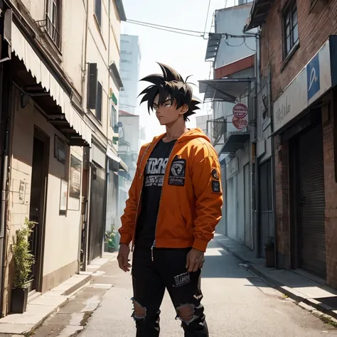 (Realistic,fotorrealista:1.37),ultra-detalhado,Detailed illustration of Goku(circunstanciado,emocional,Expressivo,feature),com roupas estilo streetwear(fashionable,Urbano,casual),Standing in a narrow alley(sombrio,corajoso,Urbano),criado com sombreamento e...