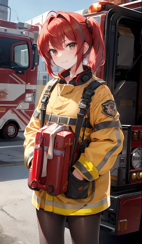 firefighter, Realistic, 4K picture quality, Cinematic,fire engine,{12 year old girl}, Red-haired,Nervous girl, Cute, Charismatic,Active