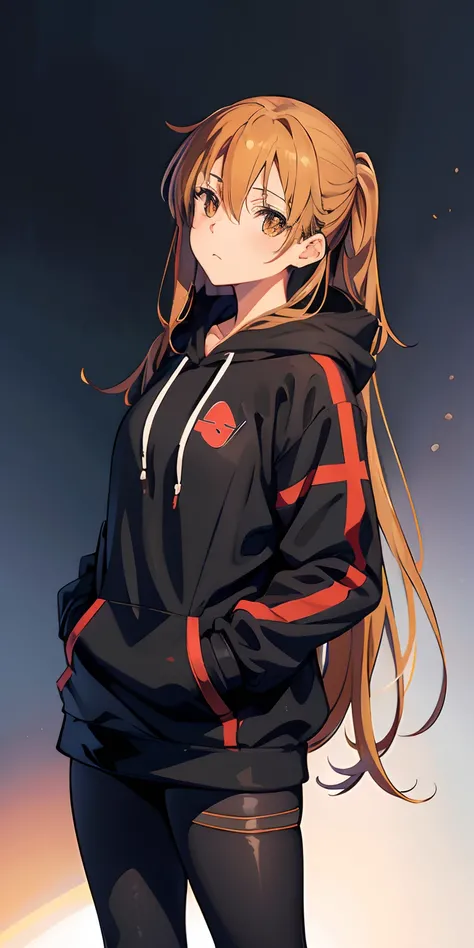 Yuuki asuna, hazel brown eyes, (masterpiece), best quality, expressive eyes, perfect face, perfect eyes, elegant, black hoodie, leggings, both hands in hoodie pockets, black color background, medium close up, asuna, asuna (sao)