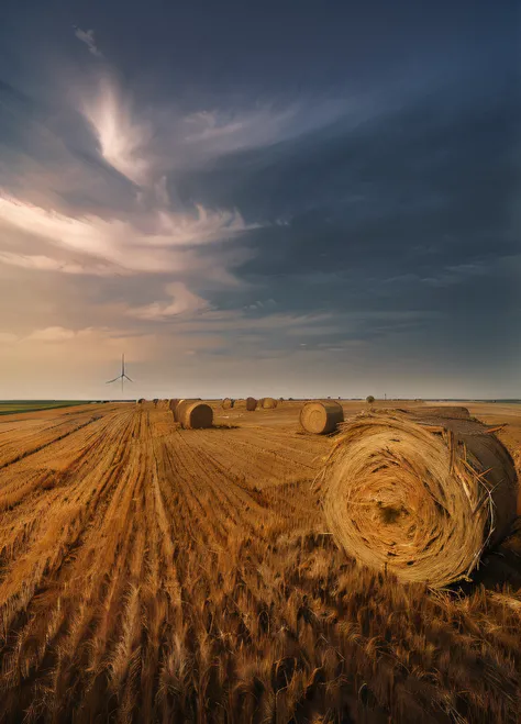 Sand field with hay bales and wind turbines in the distance, paja, Campo de heno, Landscape Photography Aerial View , en los vastos campos de trigo, Amplio paisaje, por Artur Tarnowski, inspirado por Phil Koch, campo, Minimum Composition, campos de trigo, ...