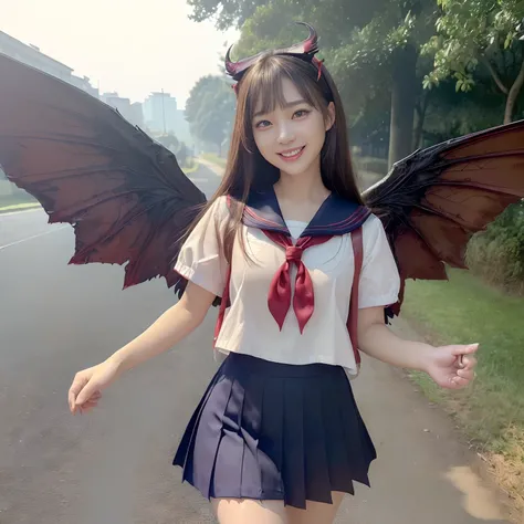 (((masutepiece、top-quality)))、((1 schoolgirl、Wearing a sailor suit、School Sailor Uniform、Perfect sailor suit、Red ribbons、Navy skirt))、((Huge and intricate demon wings,Wings with a very elaborate texture,Wings with a very complex texture,Creature wings with...