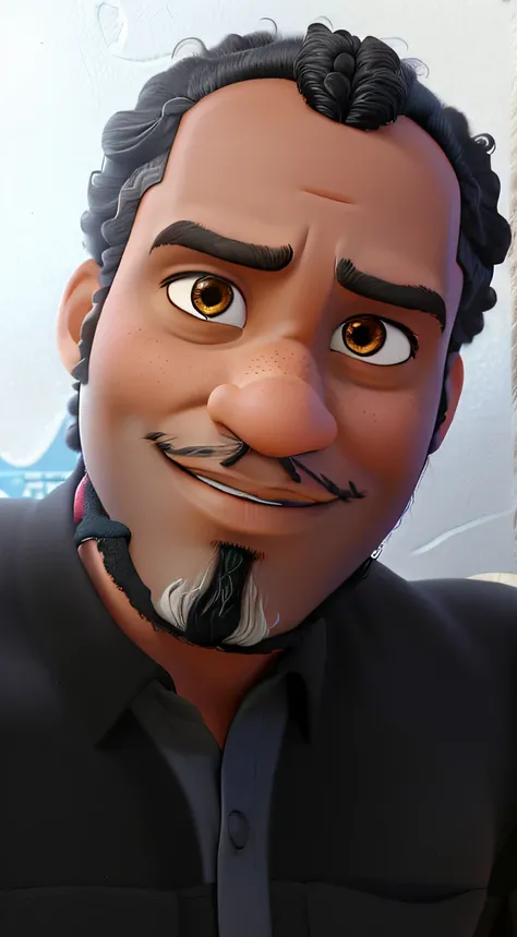 Crie um negro homem, cabelo afro crespo, barba rala, nariz redondo, estilo personagem da disney pixar, melhor qualidade alta qualidade.