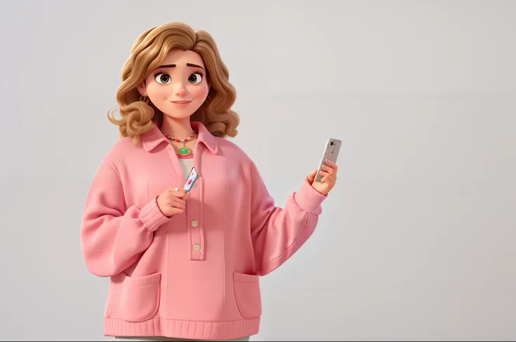 uma mulher branca, utilizando um fone de atendimento ao publico, estilo disney pixar, alta qualidade, melhor qualidade