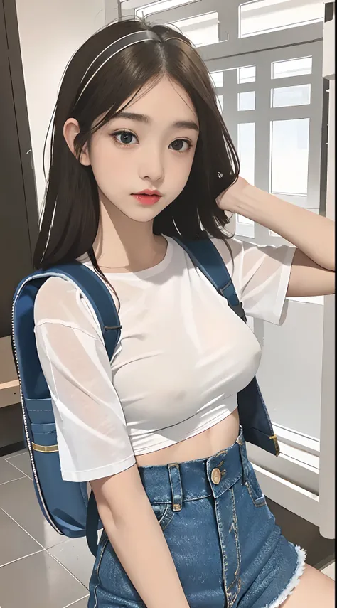 16 year old pre-teen, European, Blonde, Small breasts, Big eyes, close-up on breasts, low-cut t-shirt, denim shorts, powder tights, backpack, sexmachine, Ray Tracing, HDR