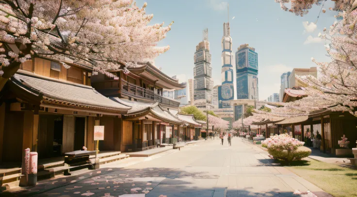 (traditional japanese city, modern city with modern buildings, cherry blossoms, old cars driving, people in modern and tradition...