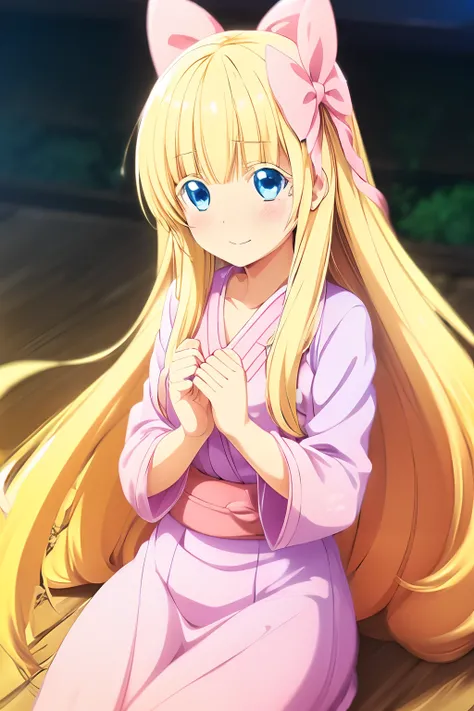 (((Cute blonde woman, long hair with pink bow, Blue eyes))), cute pink yukata, Geta, 8k, very detailed, heart earring, cute heart pose with two hands