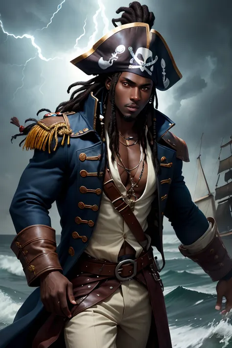 dark skinned pirate in a storm, braod shoulders, long coat, dreads