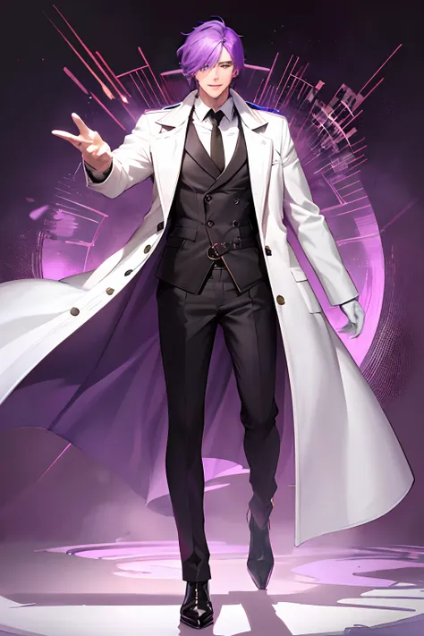 Tall man, flowing purple hair, beautiful purple sparkly eyes, standing in a cloudy world, arms outstretched, blissful, bloodshot eyes, wearing a long white duster coat, white dress shirt, purple flower on coat, white pants, white gloves, golden watch, gold...