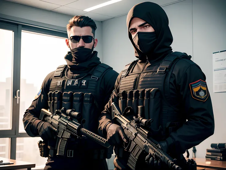 men in black balaklava and military uniforms, with a guns in office, SWAT, special forces