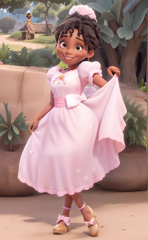 Princesa da Disney, menina negra pele morena clara, sorridente, Hair tied with a bow on the head, vestido rosa