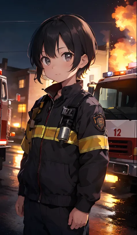 firefighter,  4K picture quality, Cinematic,Near fire trucks,{12-year-old boy},{tiny body}, A dark-haired,cute little, Cool, Charismatic,Fighting Fire