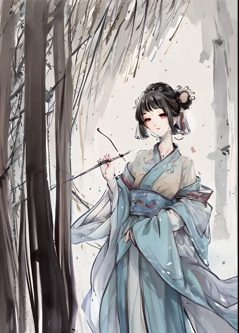 shukezouma, negative space,  shuimobysim , portrait of a woman standing , willow branches, (masterpiece, best quality:1.2), traditional chinese ink painting,  modelshoot style, peaceful, (smile), looking at viewer, wearing long hanfu, hanfu, song, willow t...