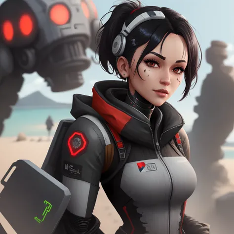 Create an Apex Legends inspired video game character. She is a Polynesian adult female. Her hair is shaved on one side, but very long on the other. She wears a cyber-robotic suit that is black, white, and red. She has a scar on her right cheekbone. Her eye...