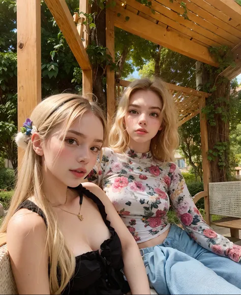 Two women sitting on a bench in a garden with a pergola roof, dois modelos no quadro, foto de perfil, No estilo de Petra Collins, Taran Dasha, beautiful gemini twins, Anya Taylor - Alegria e Emma Stone, imagem de alta qualidade, Elle Fanning), Sidnei Sween...