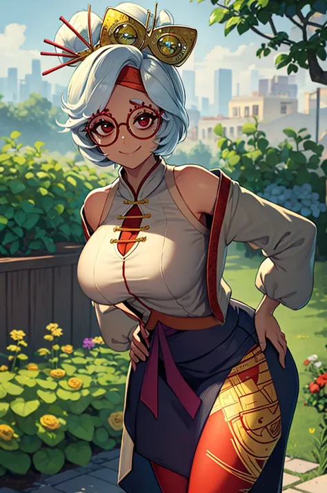 masterpiece, best quality, purah, red glasses, hair ornament, hair stick, red headband, white shirt, bare shoulders, white jacket, black skirt, orange leggings, large breasts, looking at viewer, entrance, garden, leaning forward, upper body, hands to hips,...