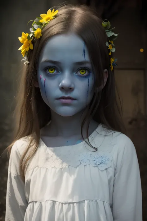 Little girl with blue skin and flowers in her hair, blue skin, Childrens figure, Obsessively beautiful zombie, with glowing yellow eyes, yellow pupils, Portrait of a Humanoid Woman, Child with blue skin, Beautiful zombie, Creepy glowing eyes, Teenage Girl ...