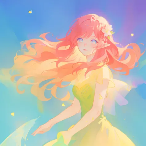 beautiful girl in colorful fluttering ballgown, long wavy peach pink hair, vibrant pastel colors, (colorful), colorful watercolor background, ethereal, magical lights, sparkling liquid light, inspired by Glen Keane, inspired by Lois van Baarle, disney art ...