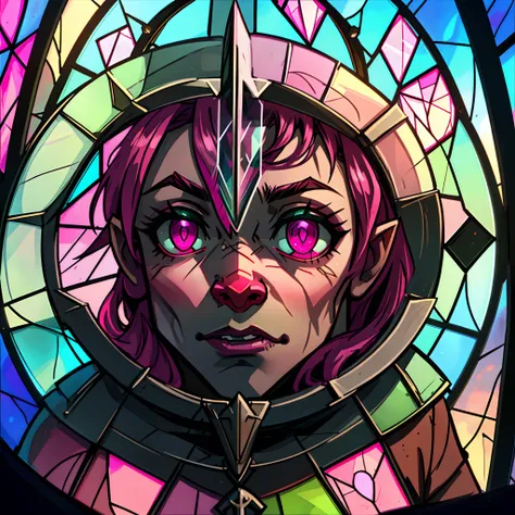 Stained glass window pane depicting an orc with pink eyes and tusks