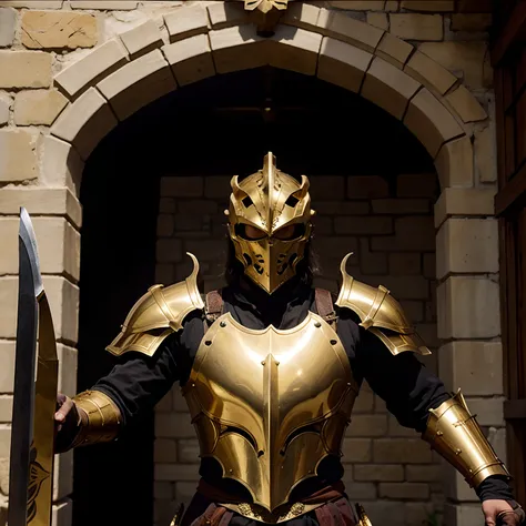 Dragon in gold armor with a cool sword protector of a castle