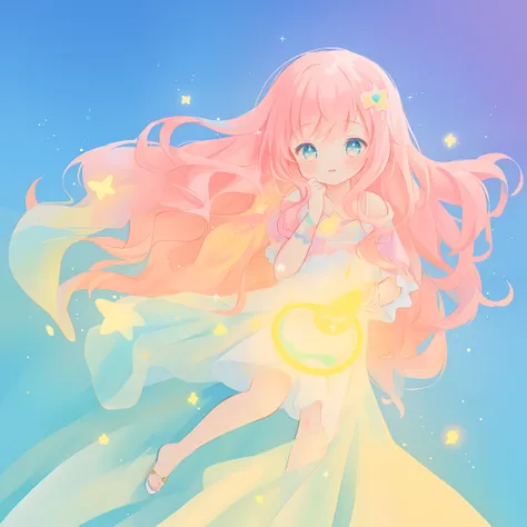 beautiful girl in colorful ballgown, long wavy peach pink hair, vibrant pastel colors, (colorful), colorful watercolor background, ethereal, magical lights, sparkling liquid light, inspired by Glen Keane, inspired by Lois van Baarle, disney art style, by L...