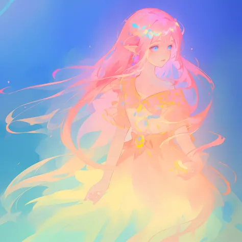 beautiful girl in flowing white dress, looking away, profile view of face, vibrant pastel colors, (colorful), magical lights, long flowing colorful pink hair, inspired by Glen Keane, inspired by Lois van Baarle, disney art style, by Lois van Baarle, glowin...