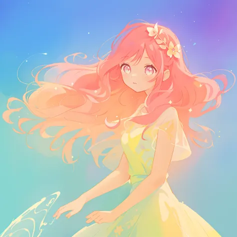 beautiful girl in colorful ballgown, long wavy peach pink hair, vibrant pastel colors, (colorful), colorful watercolor background, ethereal, magical lights, sparkling liquid light, inspired by Glen Keane, inspired by Lois van Baarle, disney art style, by L...