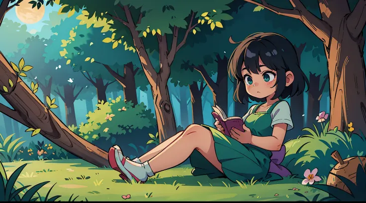 A cute kawaii fairy reading a book, black hair , in a forest, night time, green dress