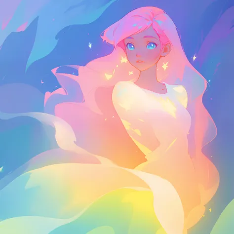 beautiful girl in flowing white dress, looking away, profile view of face, vibrant pastel colors, (colorful), magical lights, long flowing colorful pink hair, inspired by Glen Keane, inspired by Lois van Baarle, disney art style, by Lois van Baarle, glowin...